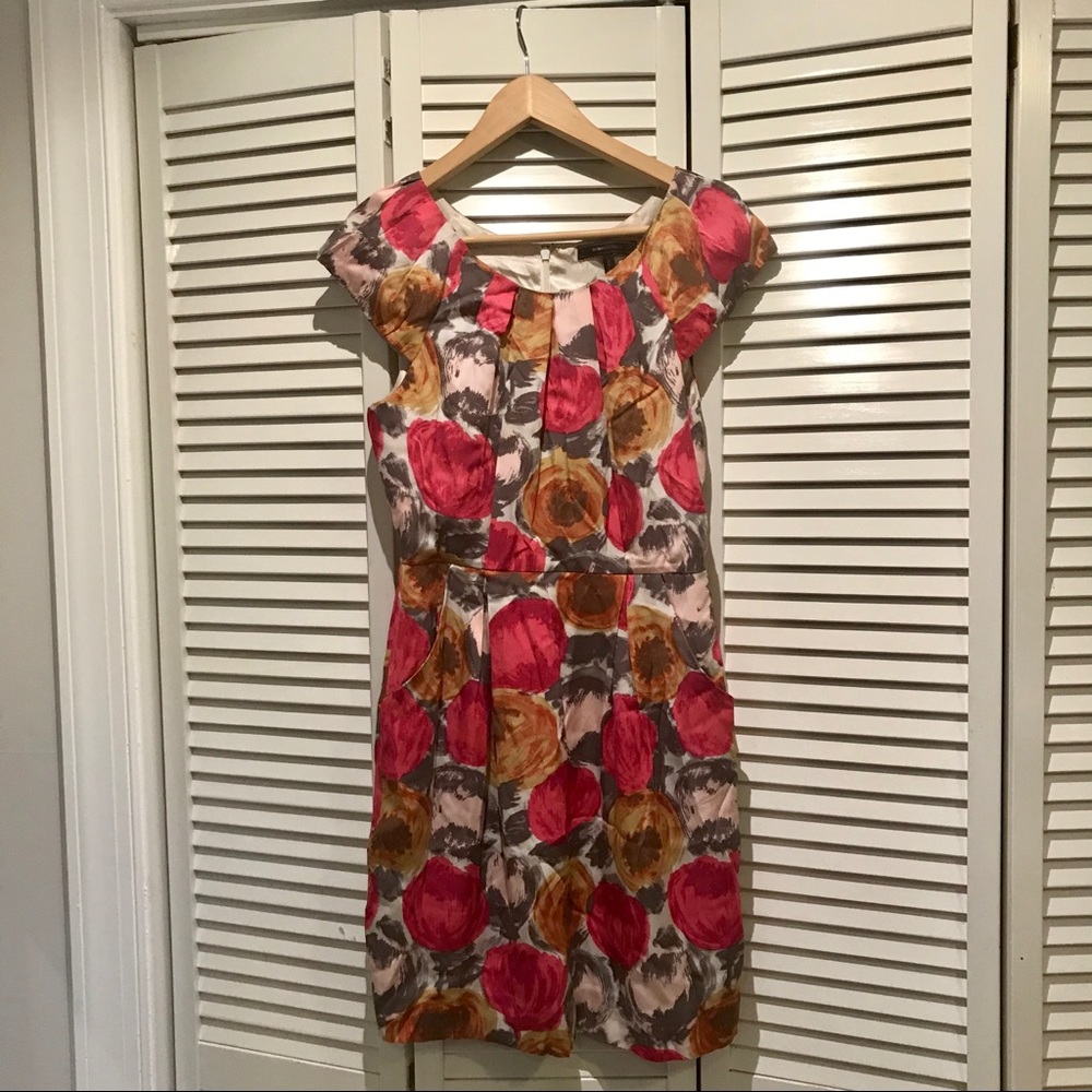 BCBGMAXAZRIA Pink Orange Floral Silk Peplum Dress